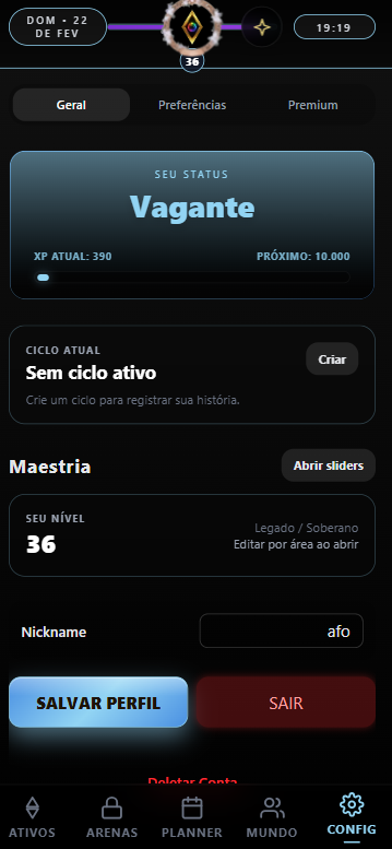 Config — progressão e patentes