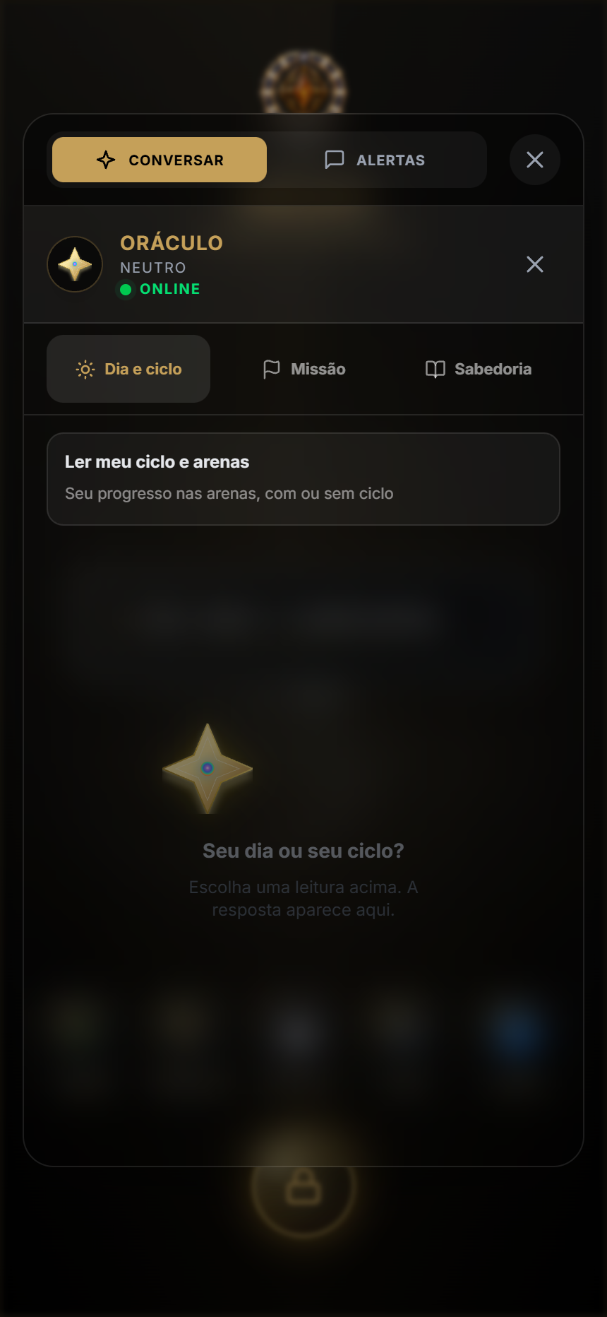 Oráculo no app web: Dia e ciclo, Missão e Sabedoria